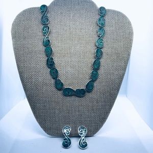 Sterling Silver Mosaic Blue Turquoise Handmade 16” Long Necklace & Earrings Set